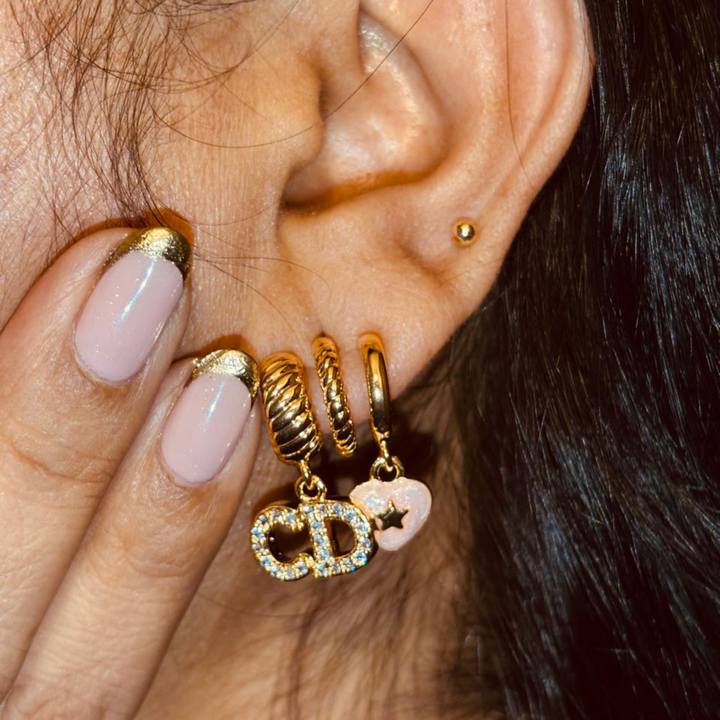 Dior CD Gold Hoop Earrings with Pink Heart Charm