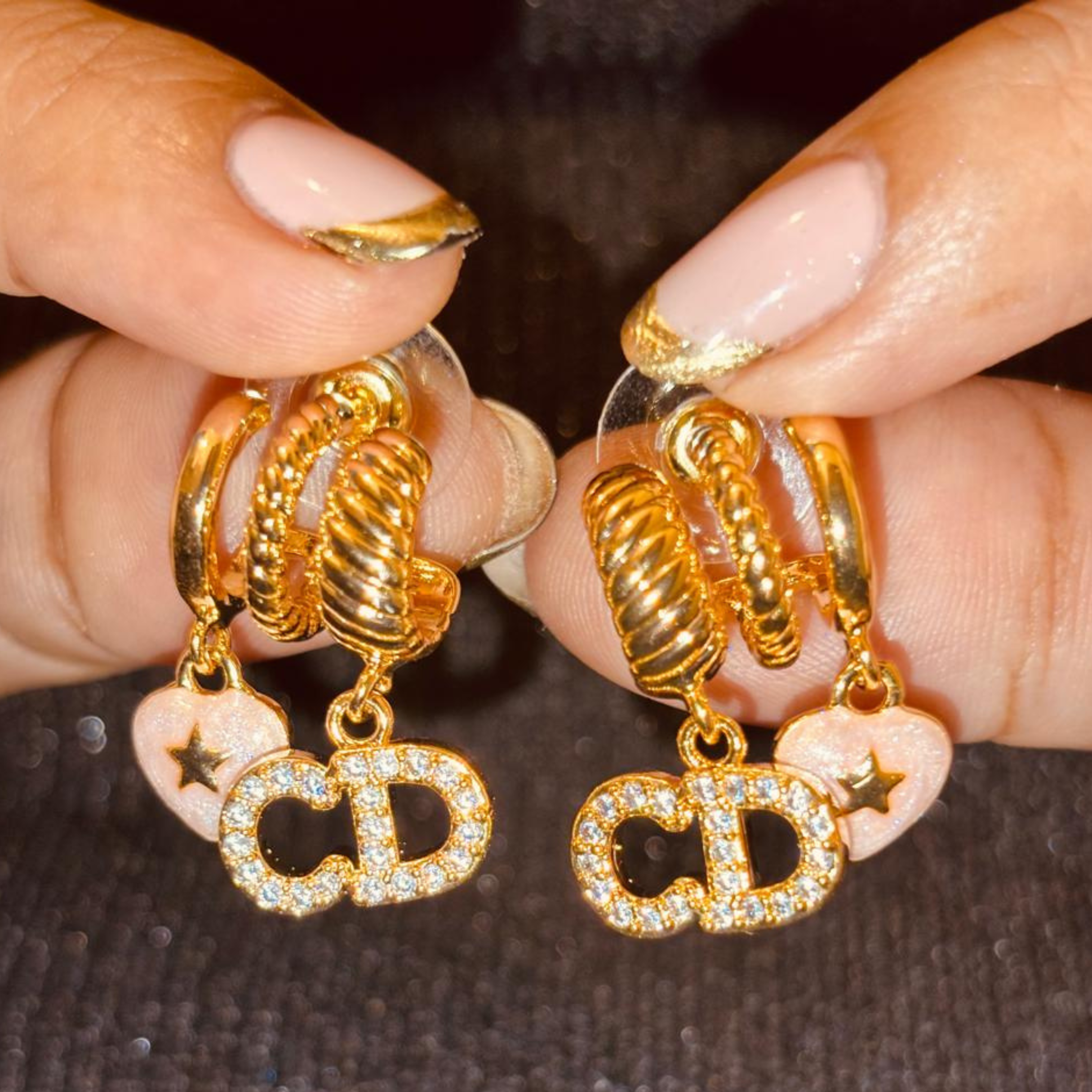 Dior CD Gold Hoop Earrings with Pink Heart Charm